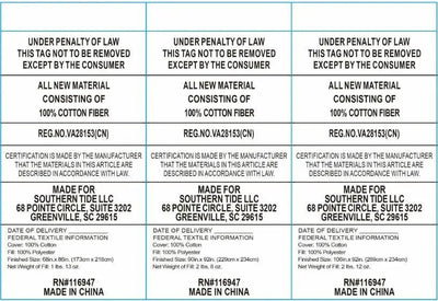 A white square label sheet with three identical centered text panels stating product details.