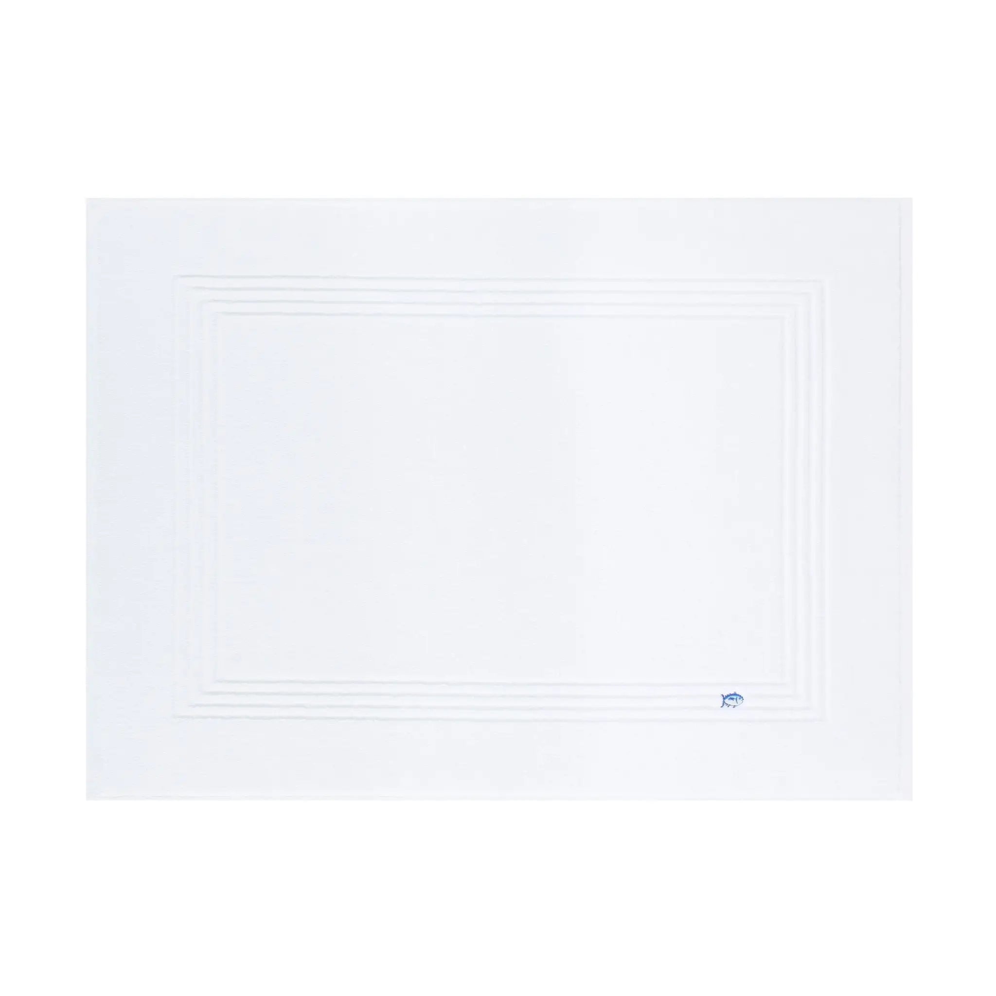 A white bath mat with a small blue logo in the bottom right corner, displayed on a clean white background.