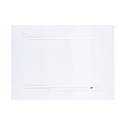 A white bath mat with a small blue logo in the bottom right corner, displayed on a clean white background.