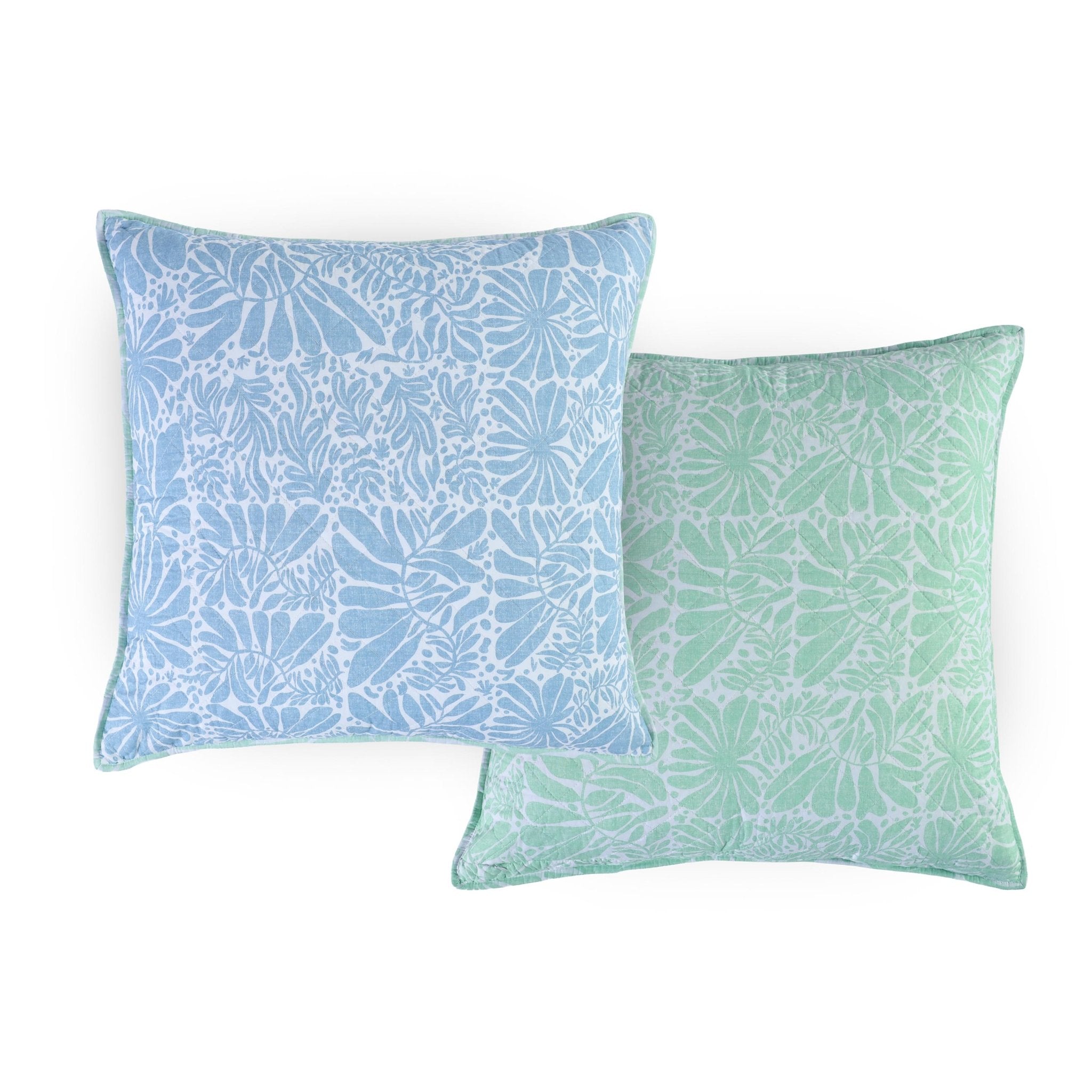 Two patterned shams on a white background, featuring a blue patterned front side and a green patterned reverse side.