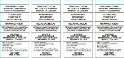 A close-up of a white material sample card with printed text blocks detailing specifications, certifications, delivery information, and a 'Made in China' label.