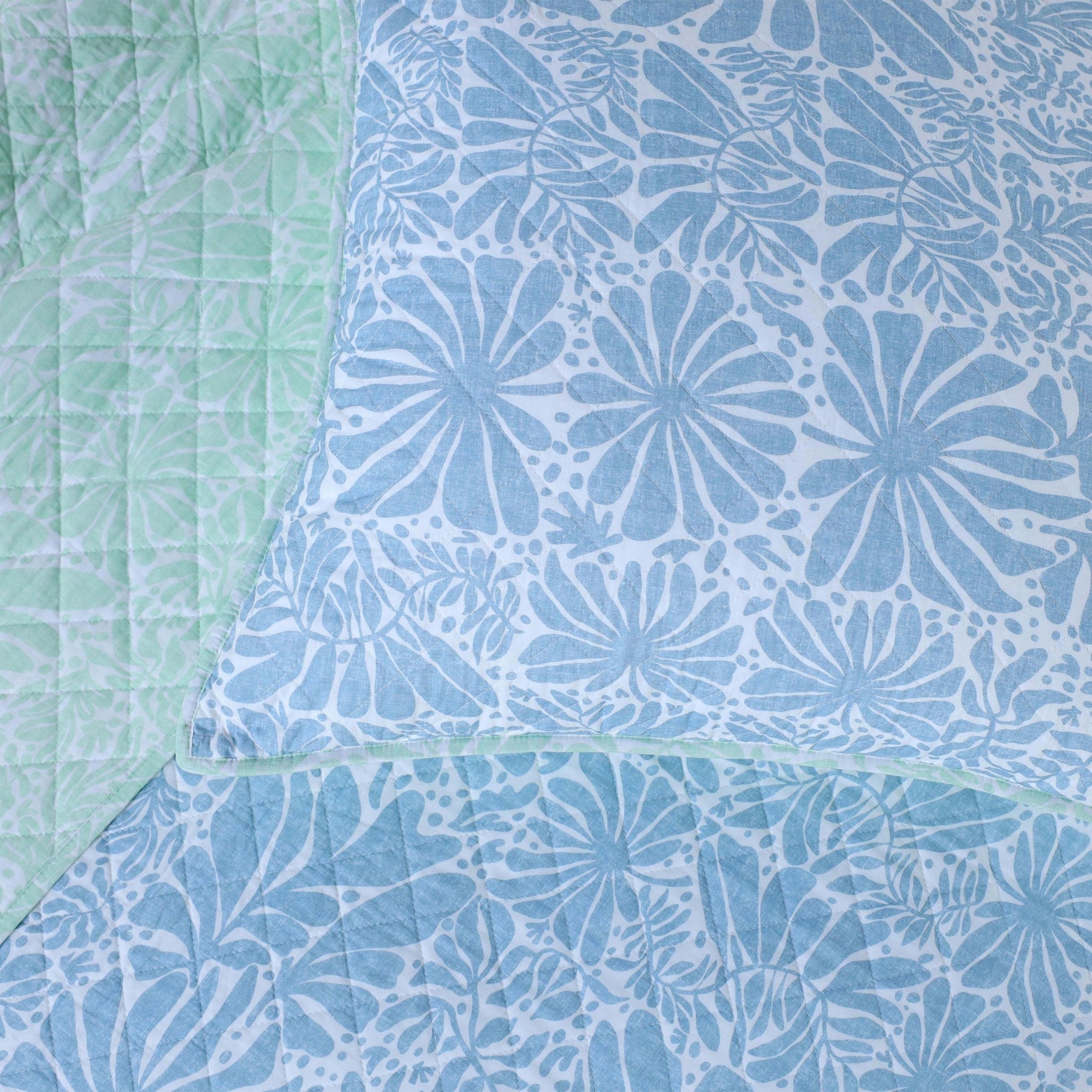 Close-up of a sham with blue floral pattern and green border