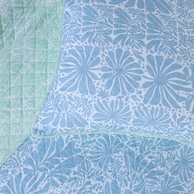 Close-up of a sham with blue floral pattern and green border