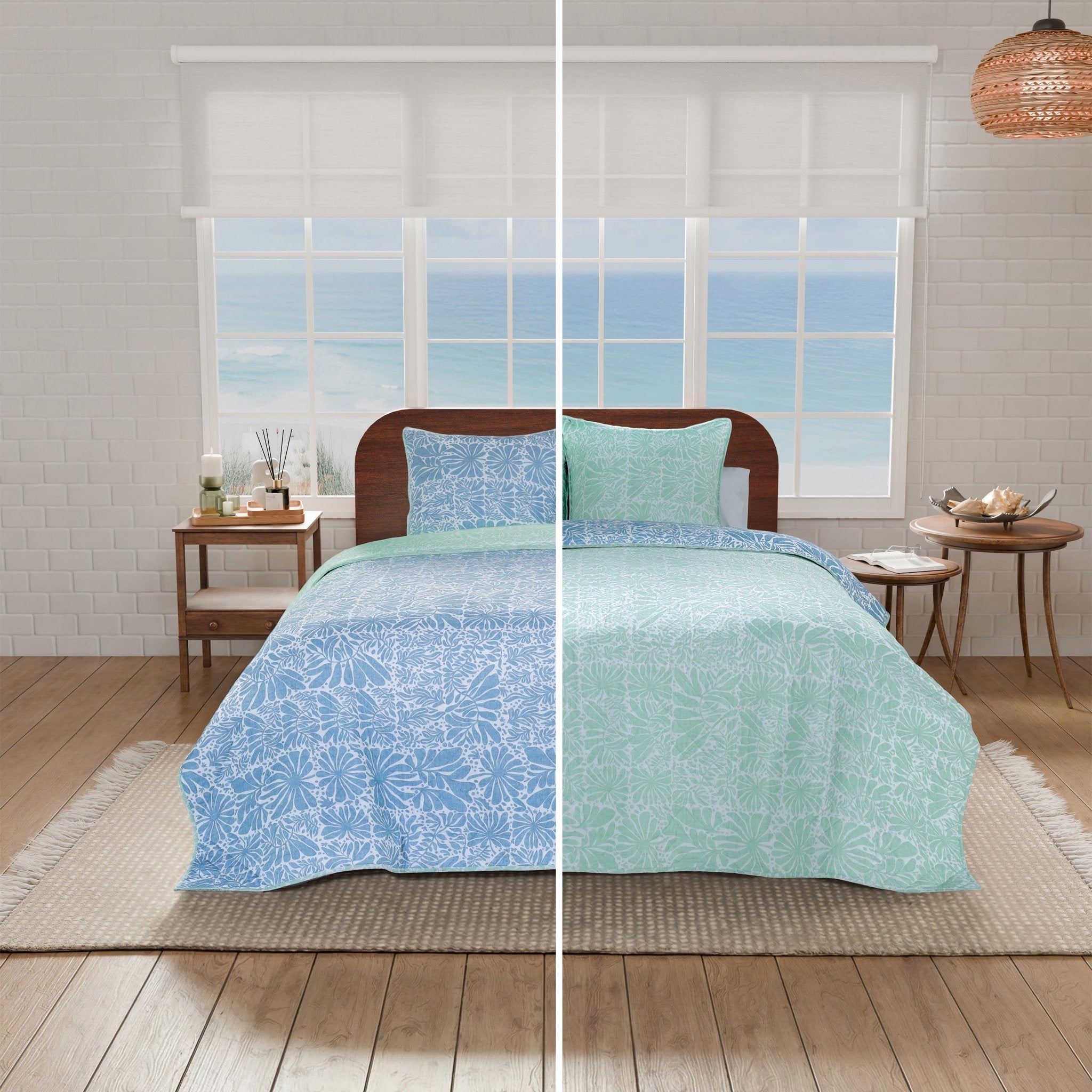 Bedding set with blue and green patterns displayed on a bed in a bedroom setting, showcasing both the front design and the reversible reverse side.