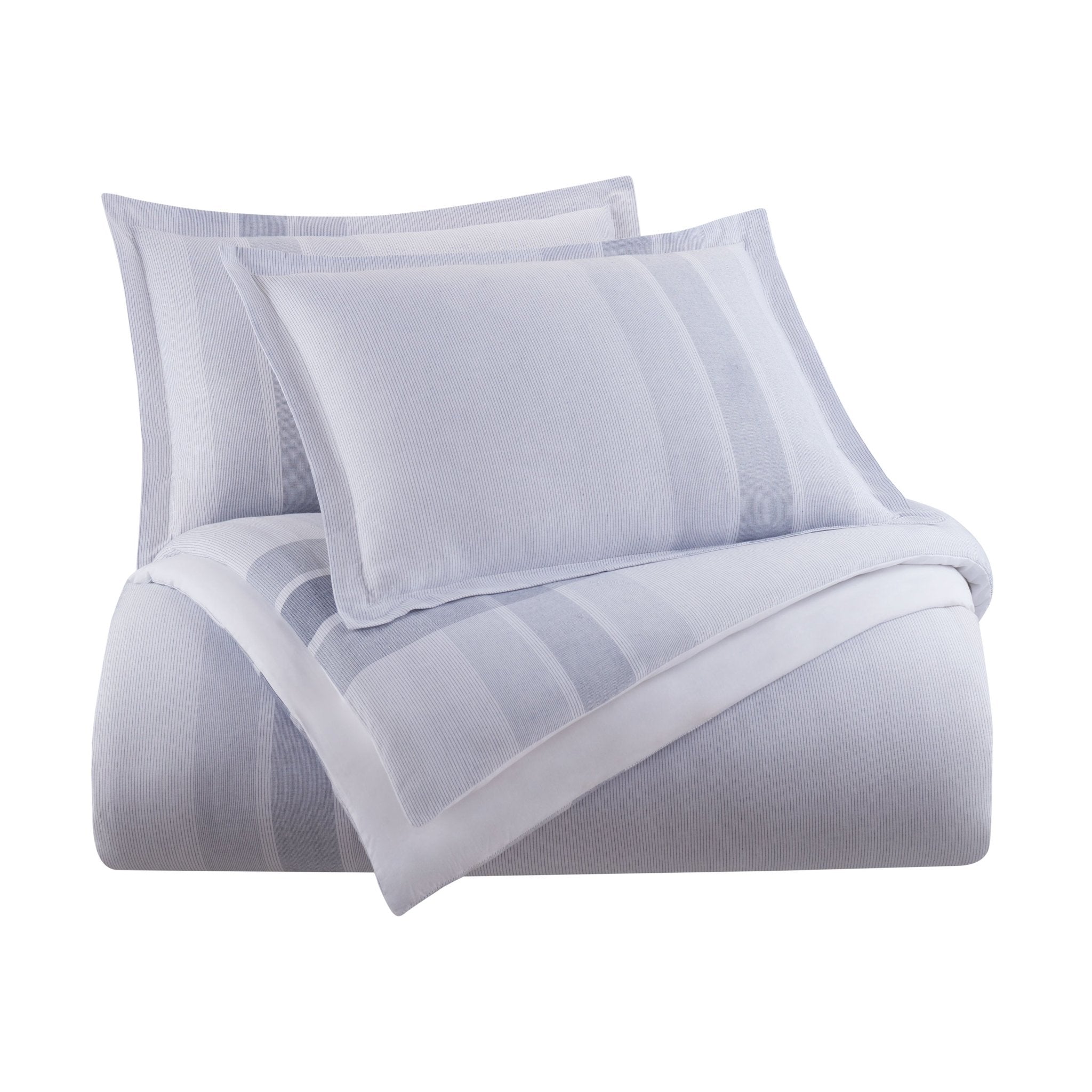 Light blue comforter set with two pillow shams on a white background