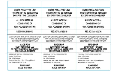 Repetition of a label with text and product details on a white background