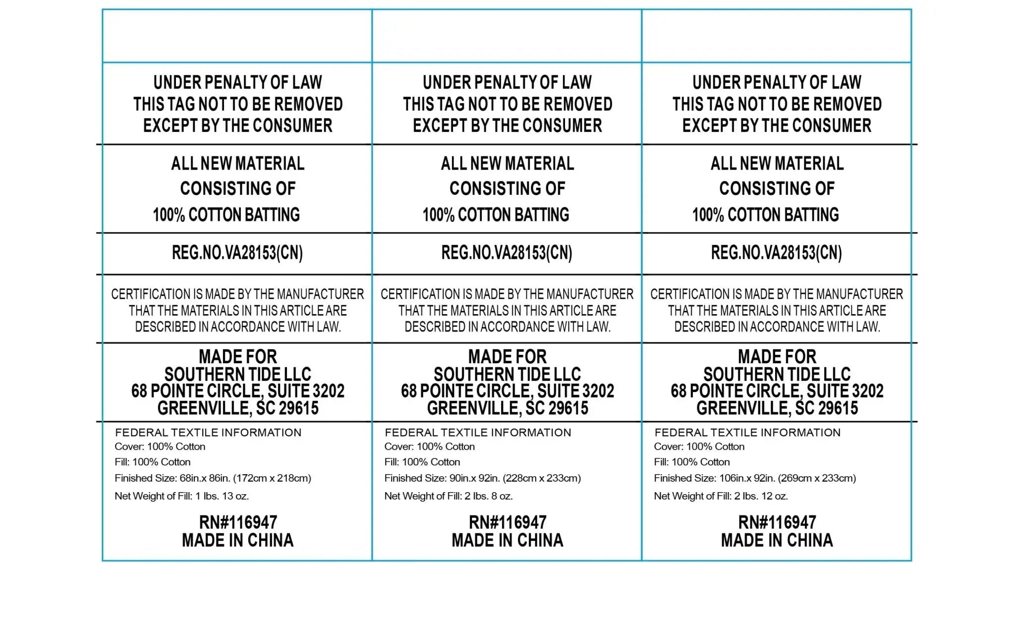 Text labels for cotton batting with certification details and manufacturing information.