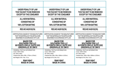 Text labels for cotton batting with certification details and manufacturing information.