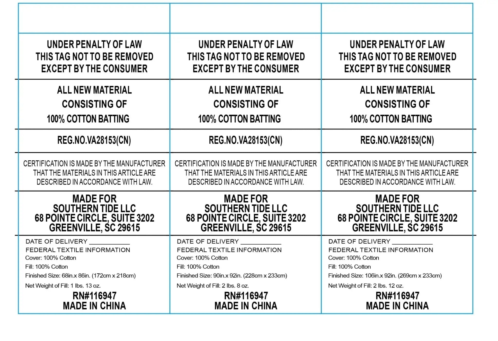 Text labels for cotton batting with certification details and manufacturing information.