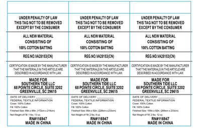 Text labels for cotton batting with certification details and manufacturing information.