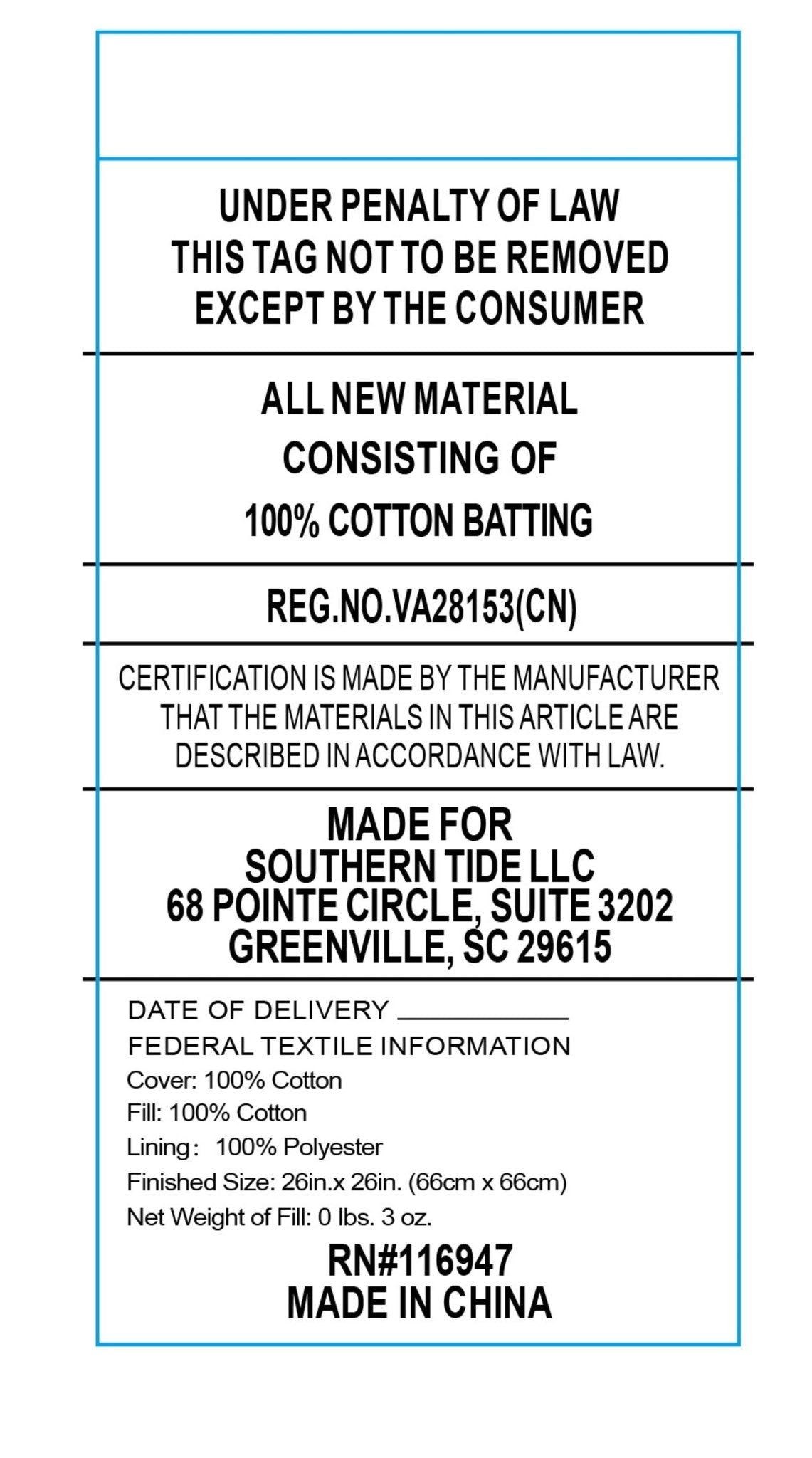 Fabric label with text about cotton batting and manufacturing details.