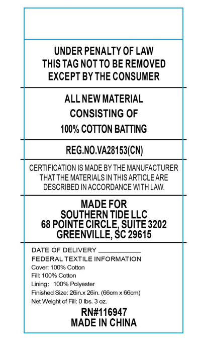 Fabric label with text about cotton batting and manufacturing details.