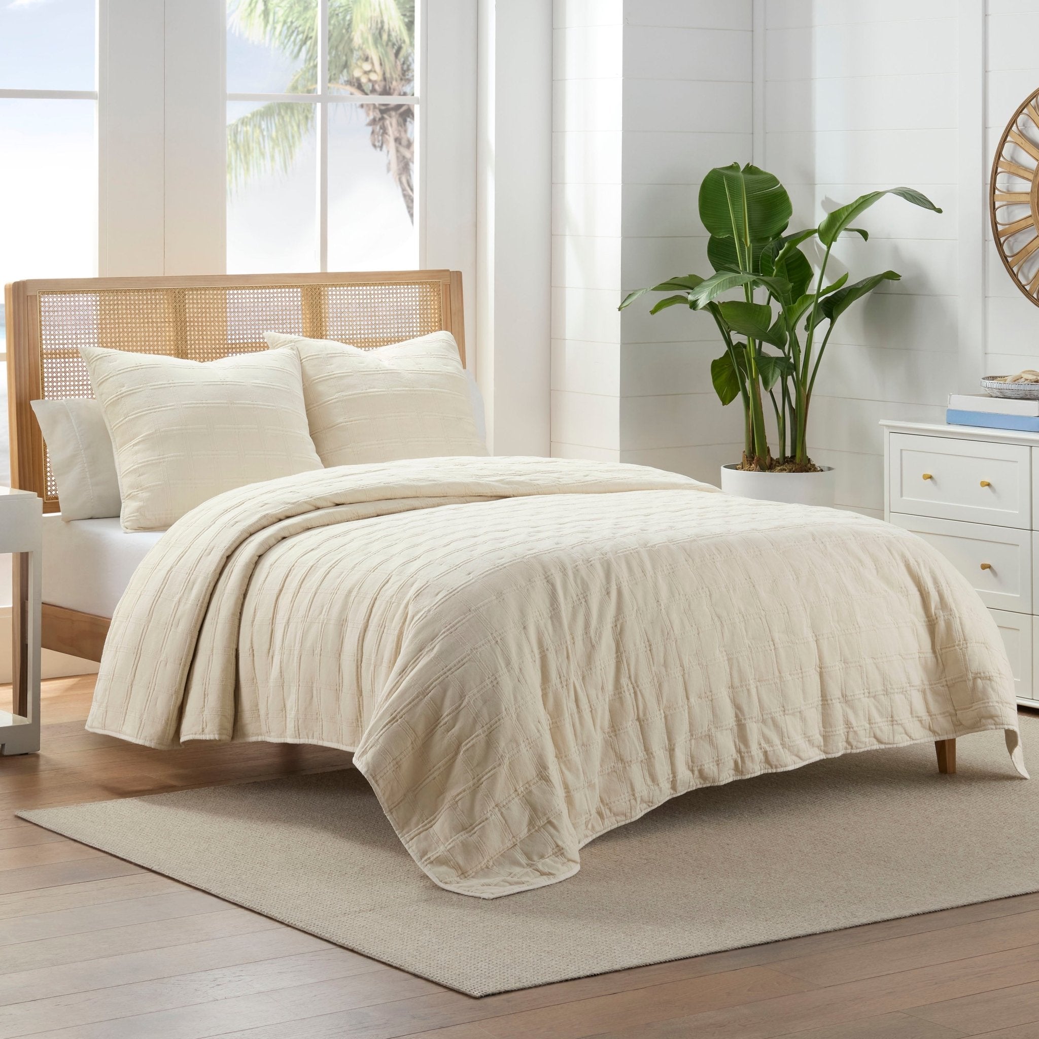 Southern Tide Marco Island 100% Cotton Basketweave Jacquard Ivory Quilt and Euro