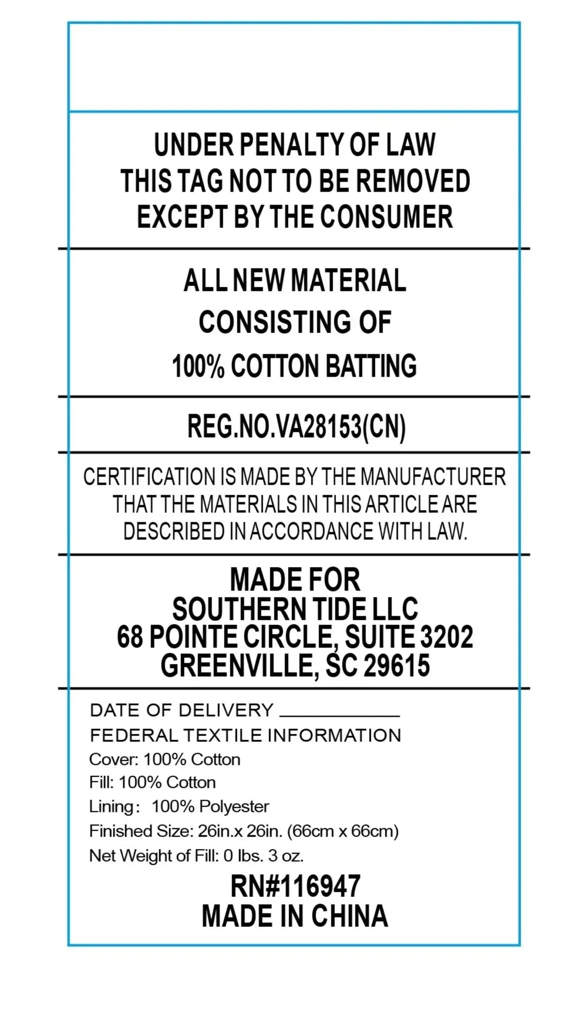 Text label for cotton batting with certification details and manufacturing information.