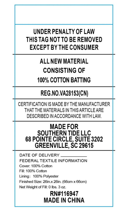Text label for cotton batting with certification details and manufacturing information.