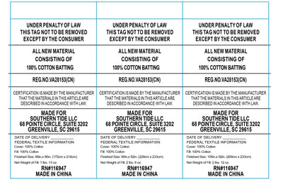 Text label with certification details and material information on a blue background