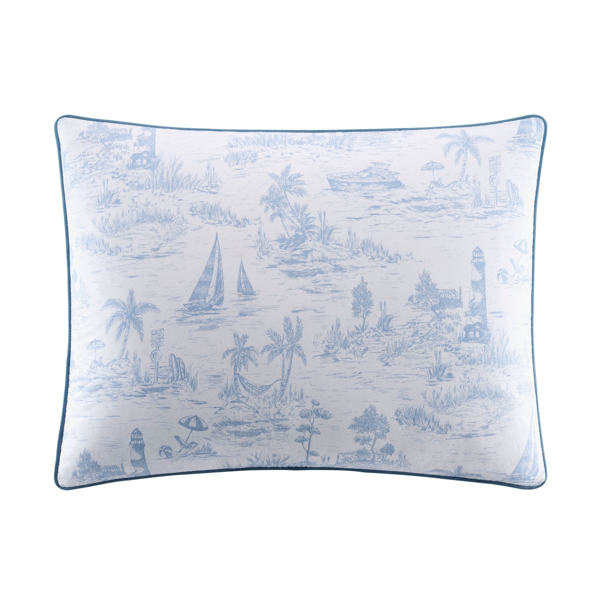 Decorative pillow sham with blue beach scene pattern on a white background