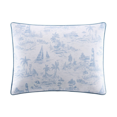 Decorative pillow sham with blue beach scene pattern on a white background