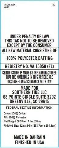 Text label for cotton batting with certification details and manufacturing information.