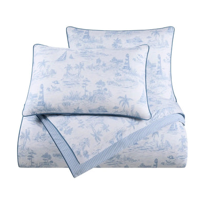A light blue and white comforter set, displayed on a solid white background.