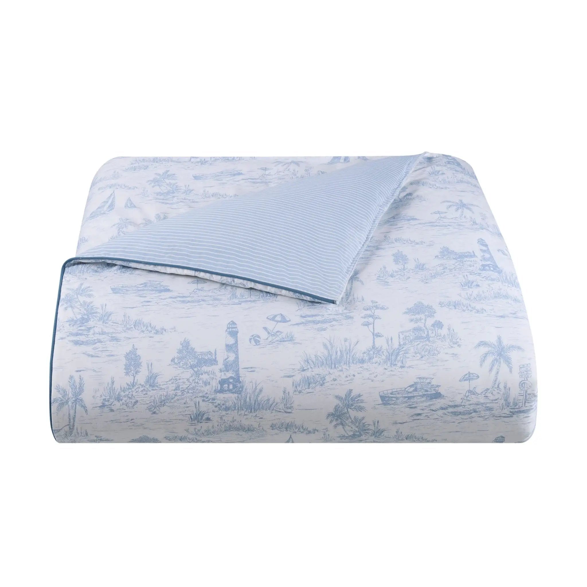 A folded comforter, featuring a light blue and white toile de Jouy pattern with a solid light blue reverse side, shown on a plain white background.