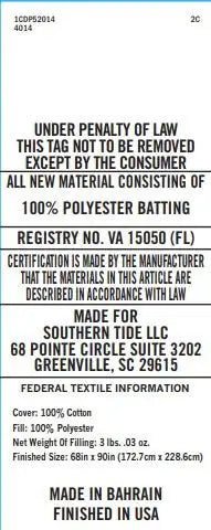 Text label for cotton batting with certification details and manufacturing information.