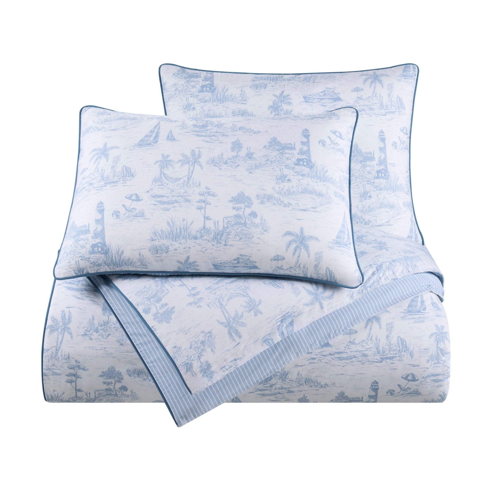 Blue and white patterned comforter set with two pillow shams on a white background
