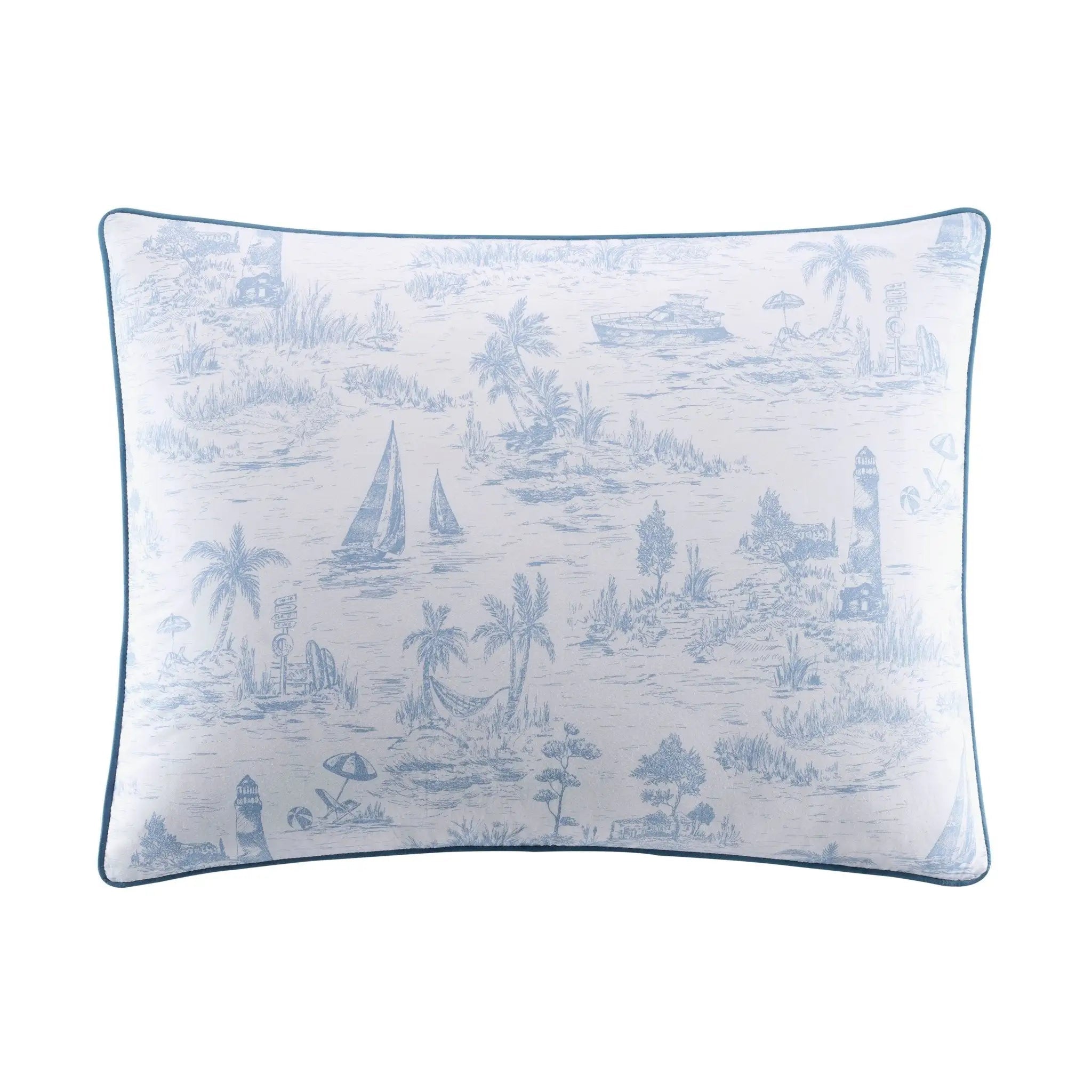 A rectangular decorative pillow sham featuring a light blue toile de Jouy pattern on a white background, finished with a matching light blue piped edge.