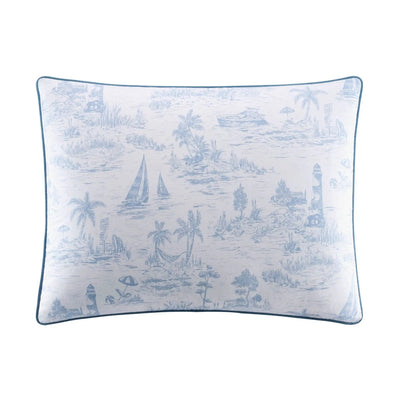 A rectangular decorative pillow sham featuring a light blue toile de Jouy pattern on a white background, finished with a matching light blue piped edge.