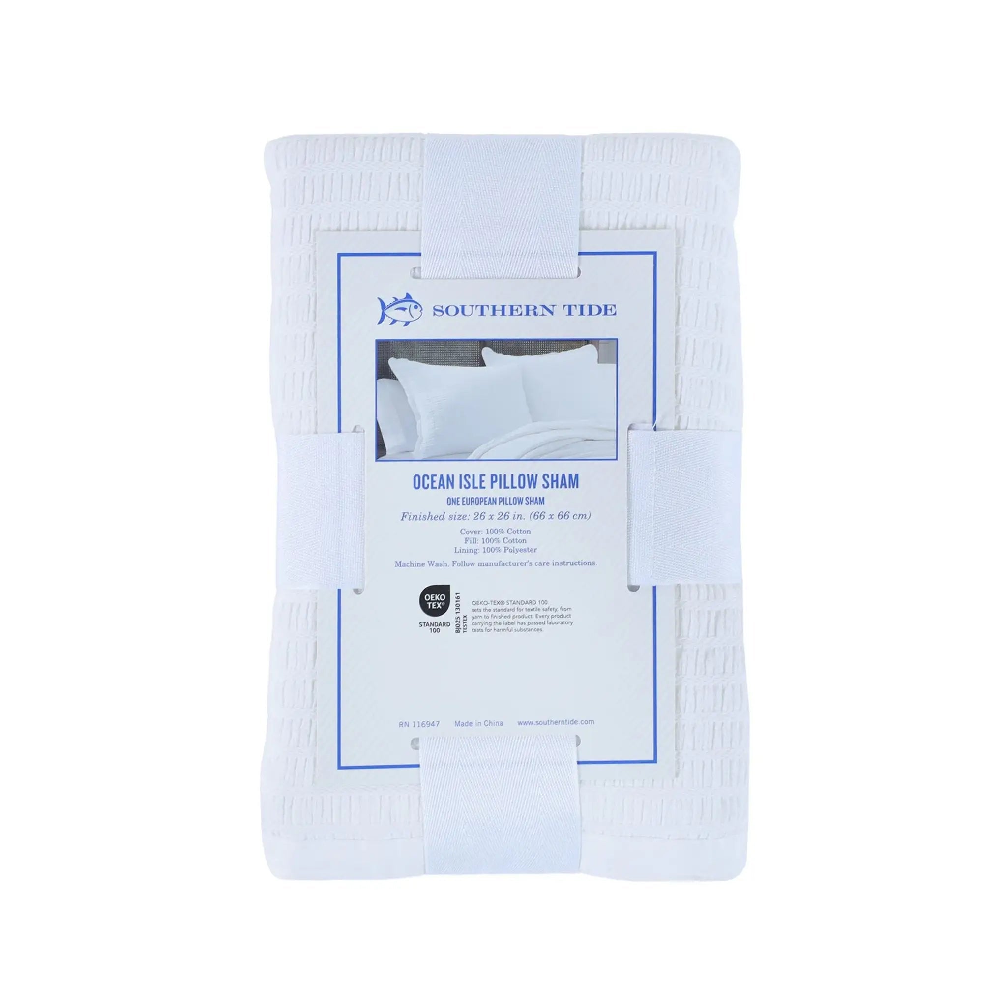 A folded white pillow sham wrapped in a white paper band with a paper label that reads Southern Tide Ocean Isle Pillow Sham, on a plain white background.