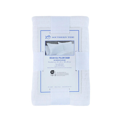 A folded white pillow sham wrapped in a white paper band with a paper label that reads Southern Tide Ocean Isle Pillow Sham, on a plain white background.