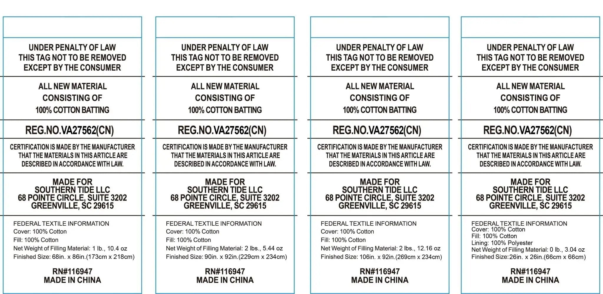 A close-up of a white fabric surface printed with repeated blue and black text blocks containing manufacturing details, certification statements, and a visible Southern Tide logo.