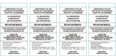 A close-up of a white fabric surface printed with repeated blue and black text blocks containing manufacturing details, certification statements, and a visible Southern Tide logo.