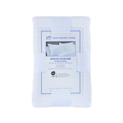 Back packaging view of white pillow sham with 'Southern Tide' branding on a white background