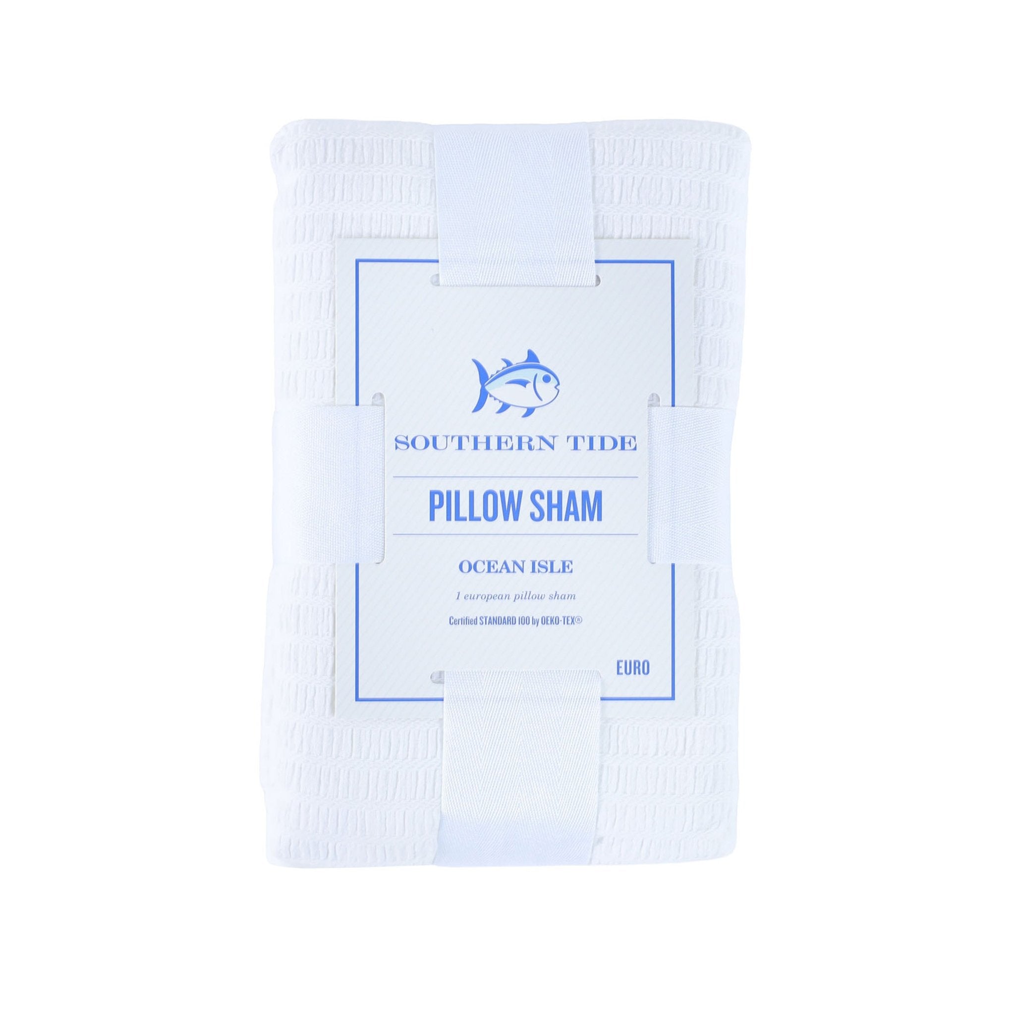 Front packaging view of white pillow sham with 'Southern Tide' branding on a white background