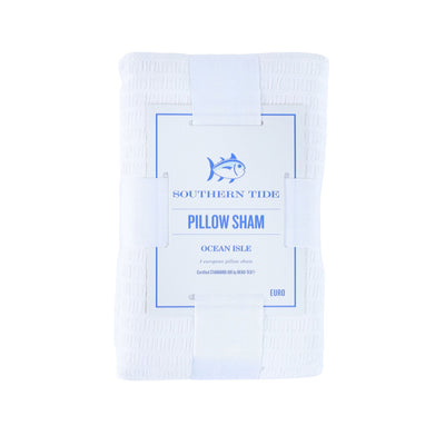 Front packaging view of white pillow sham with 'Southern Tide' branding on a white background