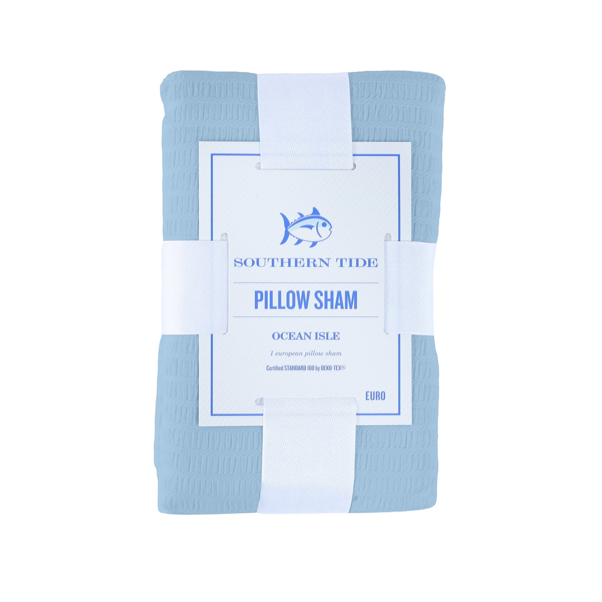 Blue pillow sham in packaging with Southern Tide label on a white background, featuring the front view.
