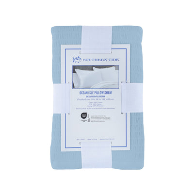 Blue pillow sham in packaging with Southern Tide label on a white background, featuring the back view.