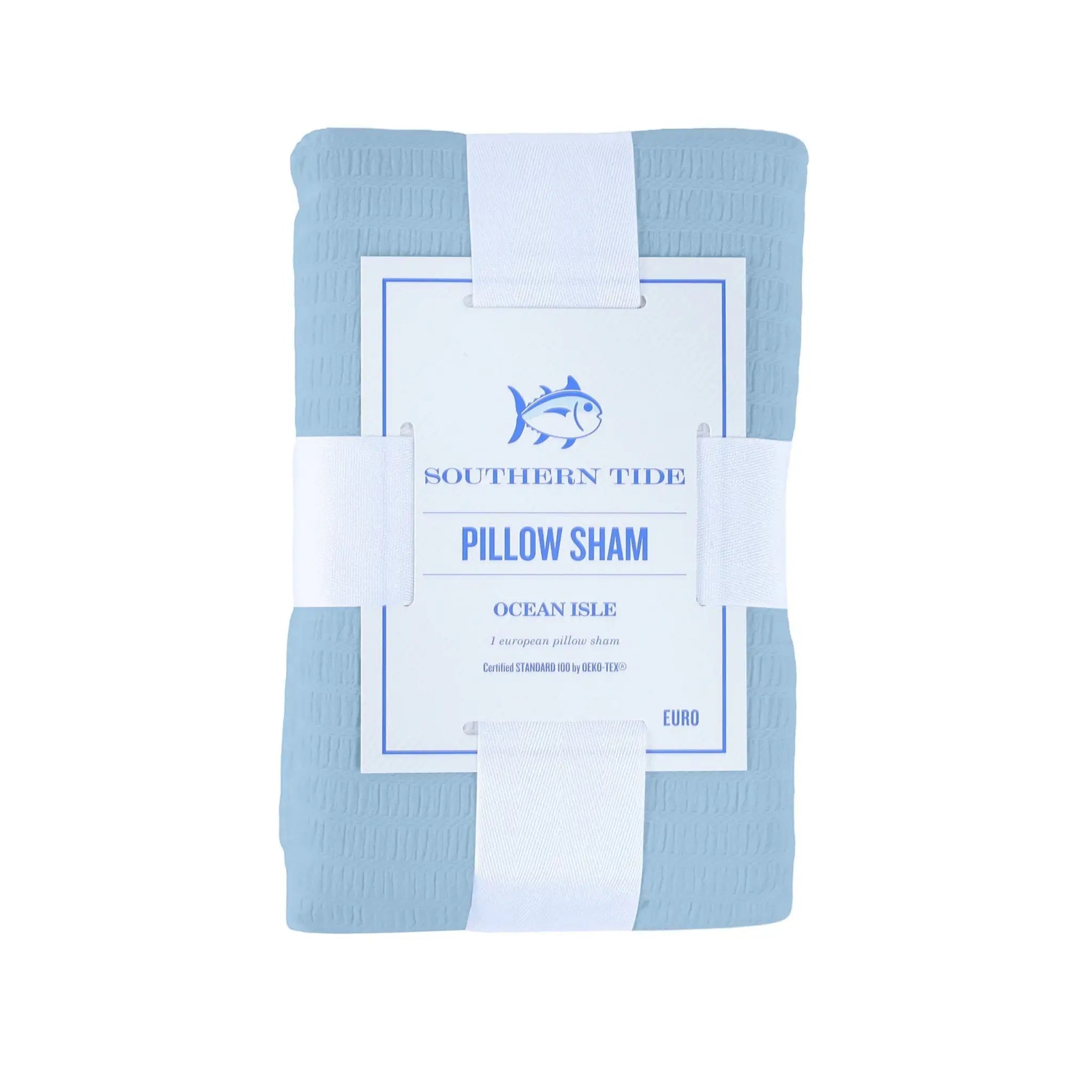 Packaged blue pillow sham with Southern Tide label on a white background