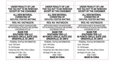 A three-panel white informational graphic with black text detailing product specifications.