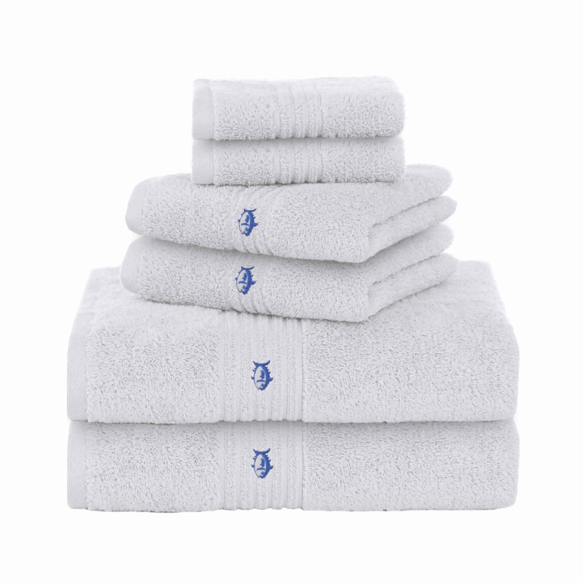 Stack of white towels with blue embroidered logos on a white background