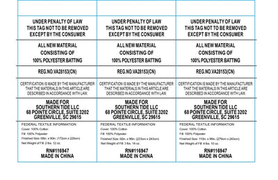 Textured label with legal notices and product details on a white background
