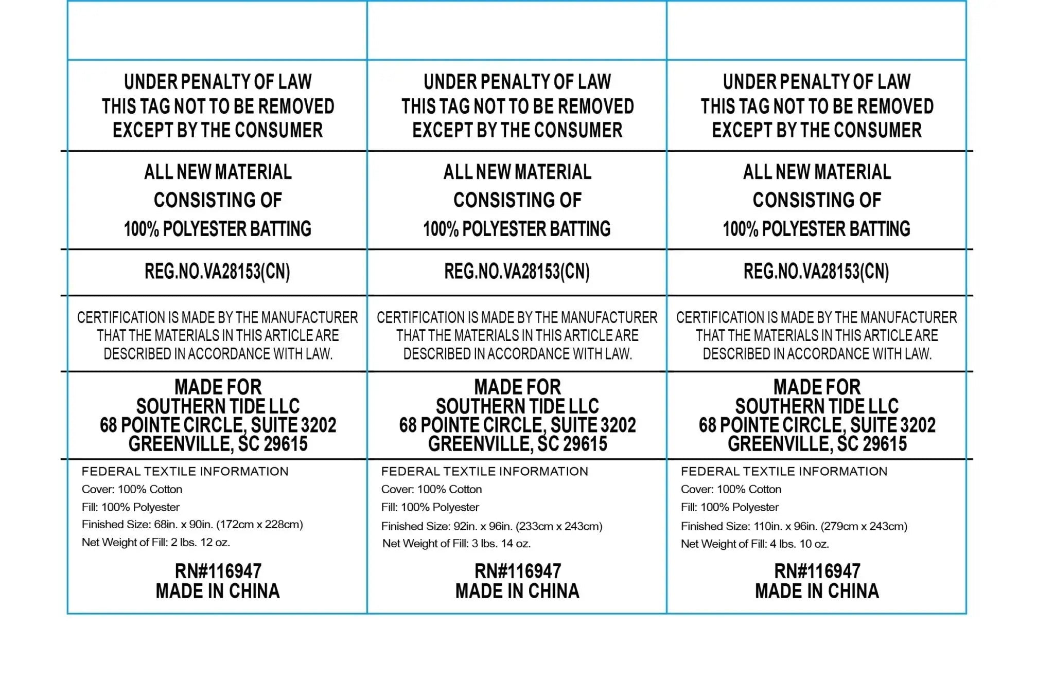 Law label showing product information