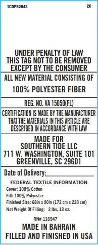 A white rectangular label with black printed text detailing product specifications.