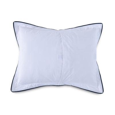 Reverse view of a white pillow with a black border on a white background.