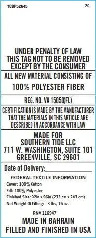 A close-up of a white polyester fiber label or tag with black printed text detailing specifications.