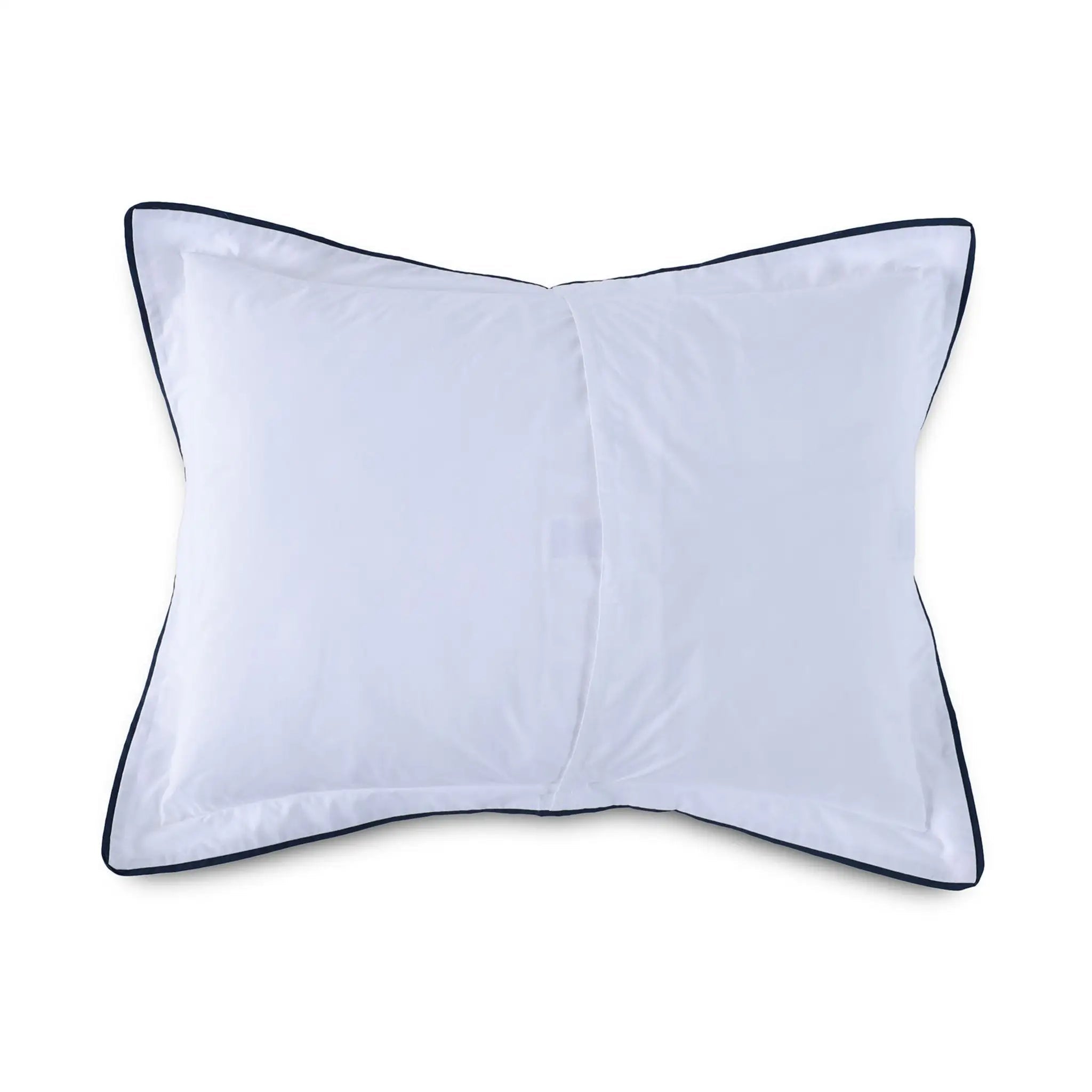 Reverse side of white pillow sham with a thin dark navy blue piped border, shown flat against a solid white background.