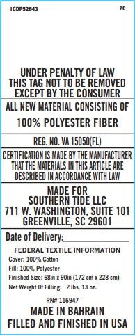 Fabric label with text about material composition, certification, and manufacturing details.