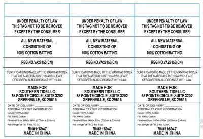 A white square label with a light blue grid and multiple text blocks containing product information.