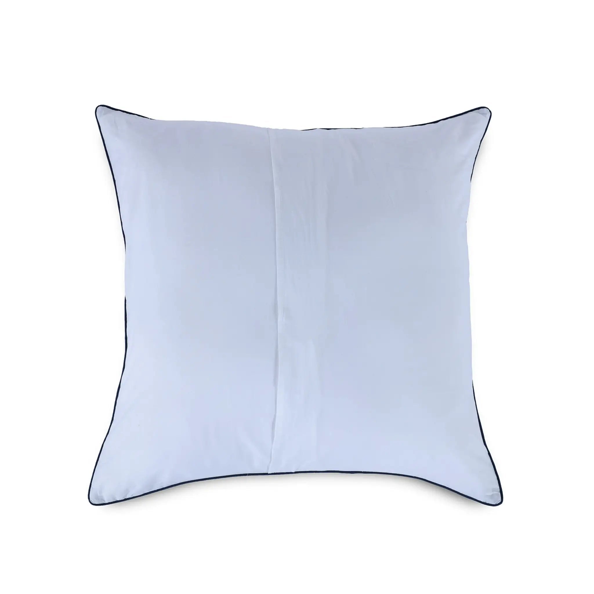 Reverse side of light blue pillow sham with black piped edges, shown flat against a solid white background.